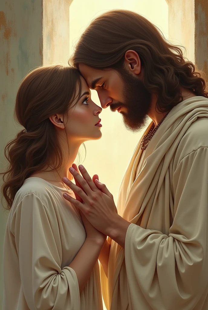 a woman with light brown eyes, Caucasian skin, shoulder length hair light brown a little chubby praying with Jesus