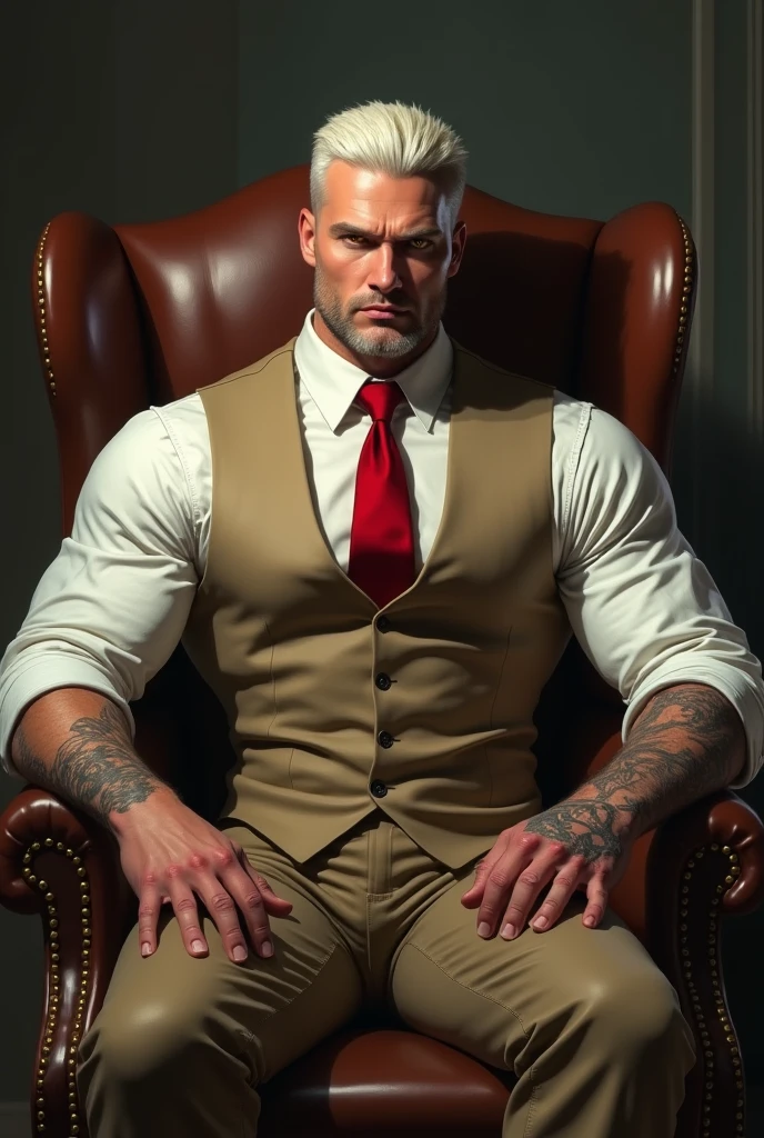 Realistic art of a man, 35 year old, Athletic, straight platinum hair, yellow eyes, marked jaw, wearing light brown dress pants, light brown dress vest and white blouse, red necktie. Sitting in a dark brown leather chair, intimidating look, having scars and both arms