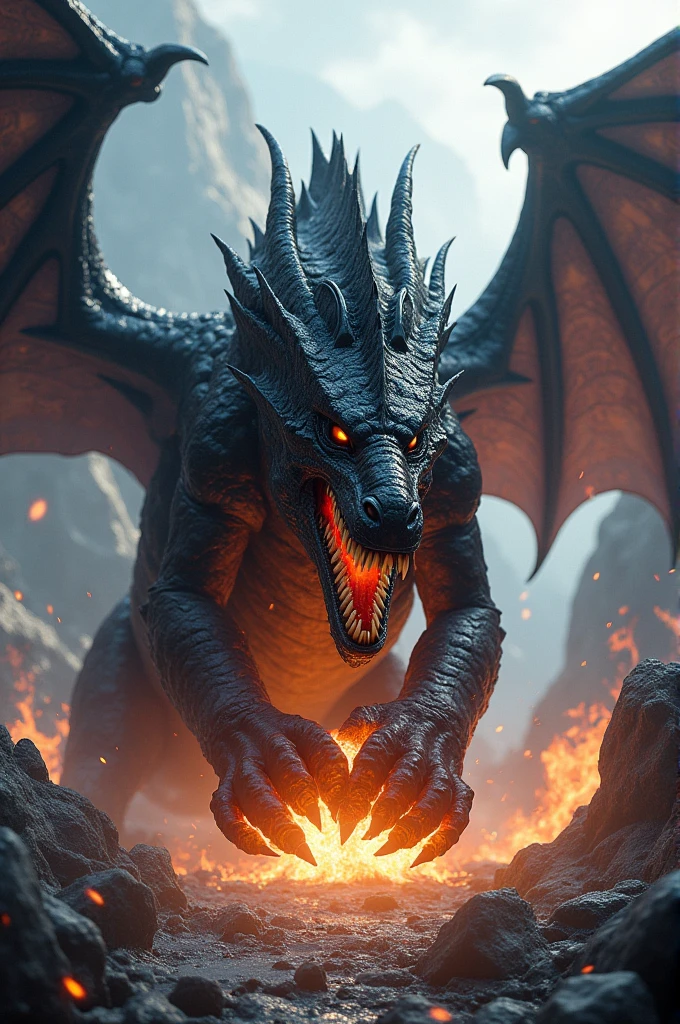 Really big Black dragon holding some TNTs, henis blowing fire