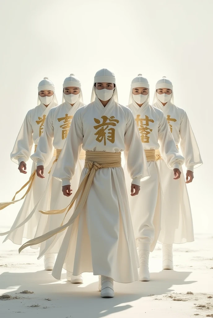 Une équipe de ninjas habillée en blanc avec des écritures dorés Team Best Family