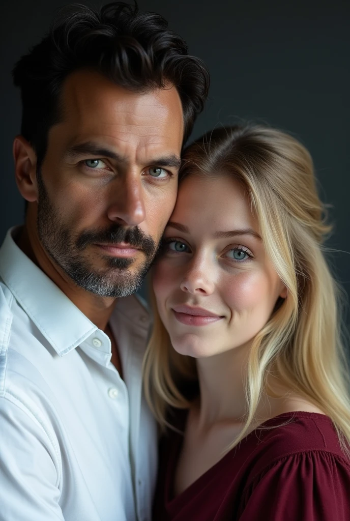 Father and daughter photo, the blue eyed man father, stark, black hair and stubble, dressed in a white dress shirt and with his 19-year-old daughter, blue eyed blonde in dark red dress.
