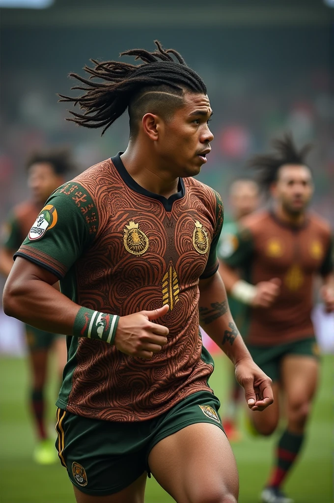 A detailed photograph of a Mexican men's rugby sevens team, with players who present pre-Hispanic characteristics. Players must have traditional hairstyles inspired by ancient civilizations, with tattoos that reflect pre-Hispanic symbols. Their skin tones should be medium to dark, representing the Mexican indigenous heritage. The team uniform must be inspired by pre-Hispanic culture, with intricate designs and patterns that reflect the art of ancient Mexico. The shirt should have a combination of earth tones, like deep reds, green and gold, with symbols or glyphs incorporated into the fabric. The scene must show the team in action, highlighting their strength and unity, with a focus on the cultural elements that make their appearance unique and rooted in Mexican history."