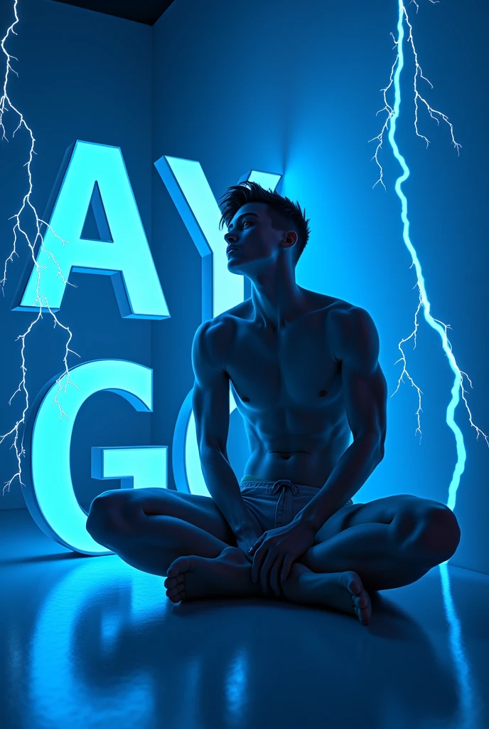 A Guy sitting beside the name text “AYGO” with Blue neon Lightning effects 3D Hot sexy Pic without clothes