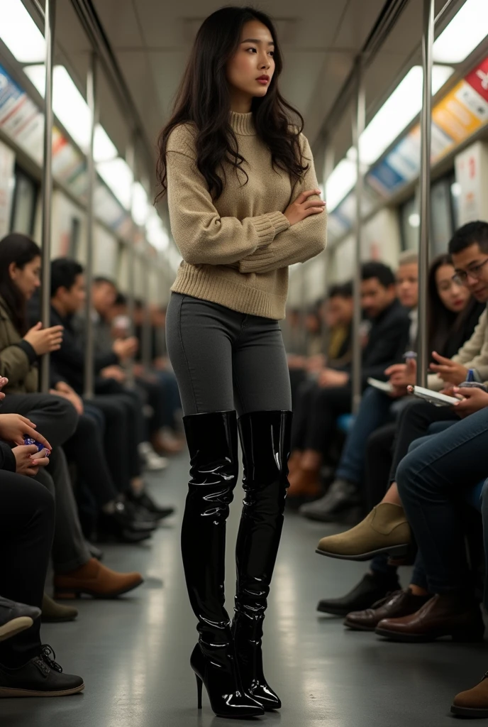 Really Pretty Asian girl wearing glossy black thigh high boots on subway train. Very tall boots, going right up to her crotch. Her boots are the tallest ever boots. Hip length. Extending to her vagina. High heels. Wearing them over dark grey leggings with a beige jumper. People looking at her