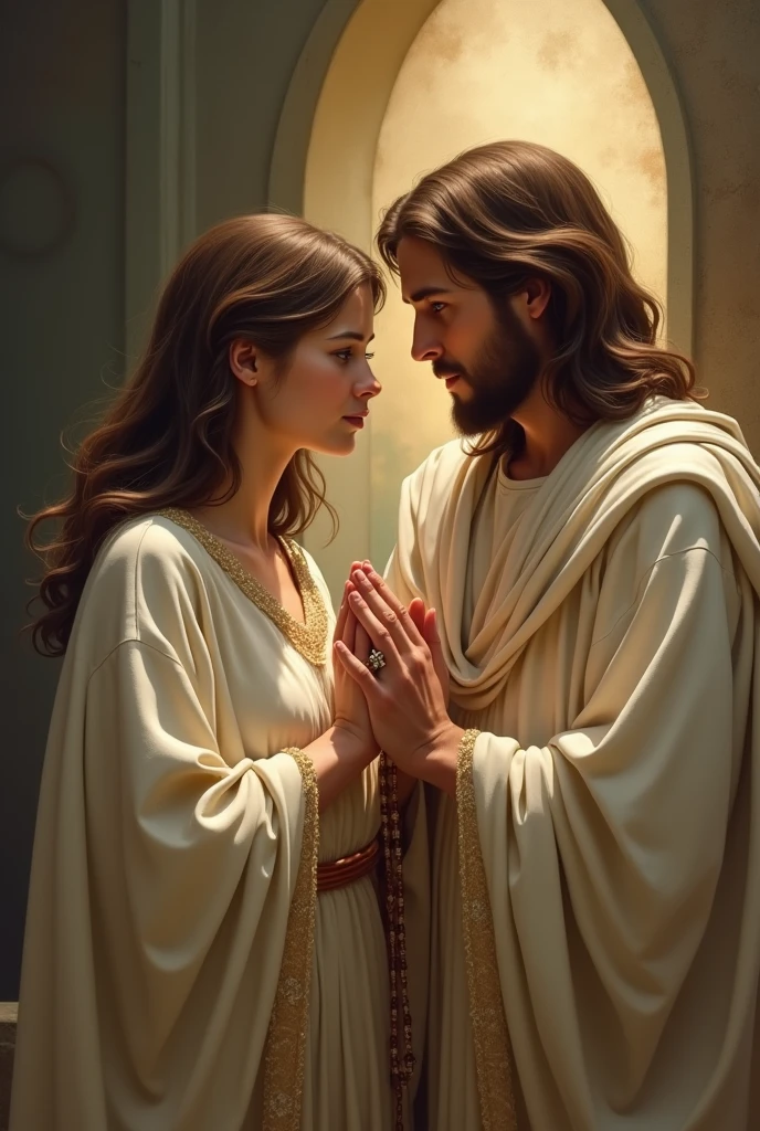 a woman with light brown eyes, Caucasian skin, light brown shoulder length hair, a little chubby, praying the rosary with Jesus