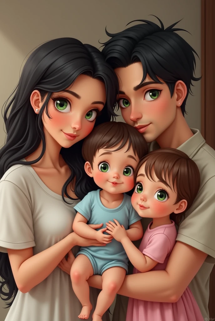 A couple where the woman has long black hair and green eyes and the man has short black hair and dark eyes. The woman is holding a baby in a blue onesie on her lap and the man is holding the hand of a with brown hair and a pink dress
