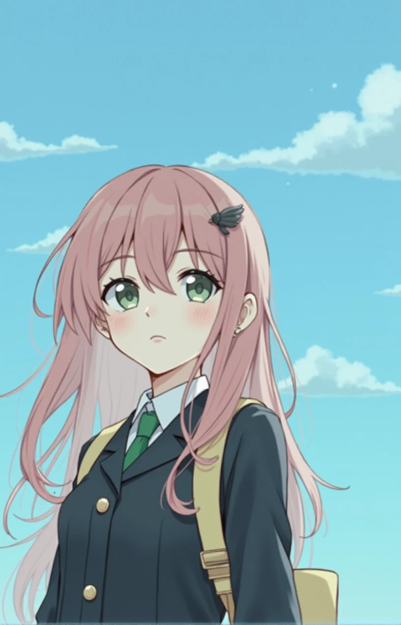 HD, 4K, A girl with PINK long hair, school uniform, sky