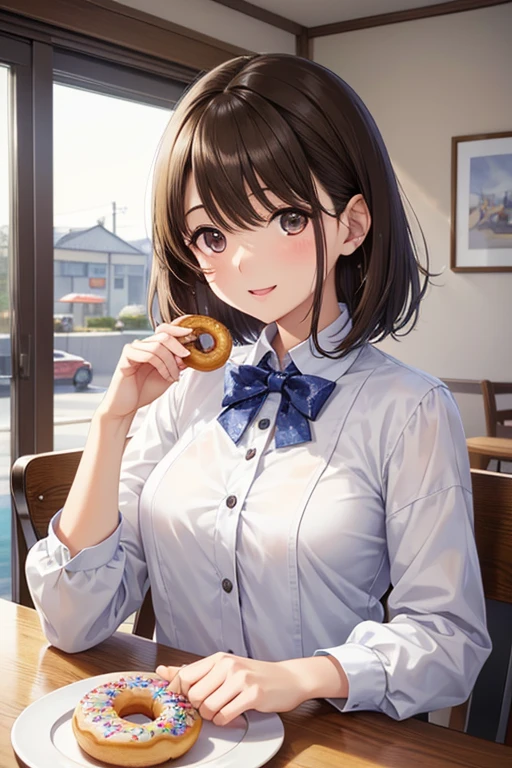 anegasaki nene、Shiny brown hair, short hair, (Beautiful brown eyes、Sparkling eyes, Fine grain)、smile、Ultra-detailed eyes、Highly detailed face, Highly detailed eyes,
Only one female, Sitting at the table, (Holding Donuts) In one hand, taking a big bite, Stylish clothing, (Mature Woman:0.8), / 軽いsmile, (Open your mouth) big, (teeth:0.8), (Masterpiece Top quality:1.2) Delicate illustrations, super detailed, break カラフルに装飾された) break (Donut Shop) Pop atmosphere, indoor, (A plate with one donut on it) On the table, Crowded, Detailed Background