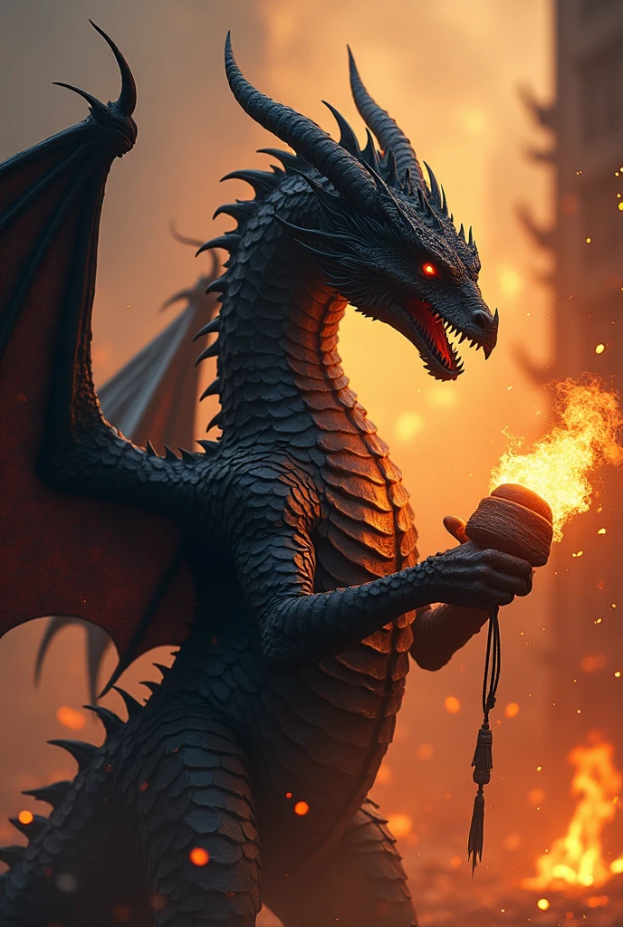 Really big Black dragon holding some TNTs, henis blowing fire