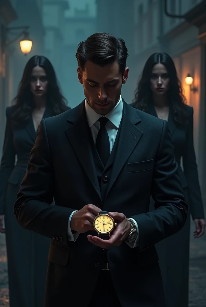 A man looking at his watch at 2am and two different women in the background