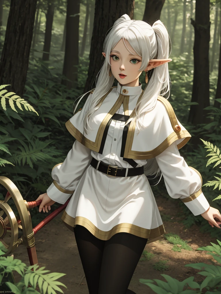Freeren, Fern - seeing off Freeren on her last journey, masterpiece, best quality, absurdres, 1girl, solo, FrierenBase, long hair, twintails, earrings, white capelet, striped shirt, white hair, elven ears, 2 ponytails,  horizontal stripes, long sleeves, belt, white skirt, gold-trim, black pantyhose, arms behind back, outdoors, forest, 