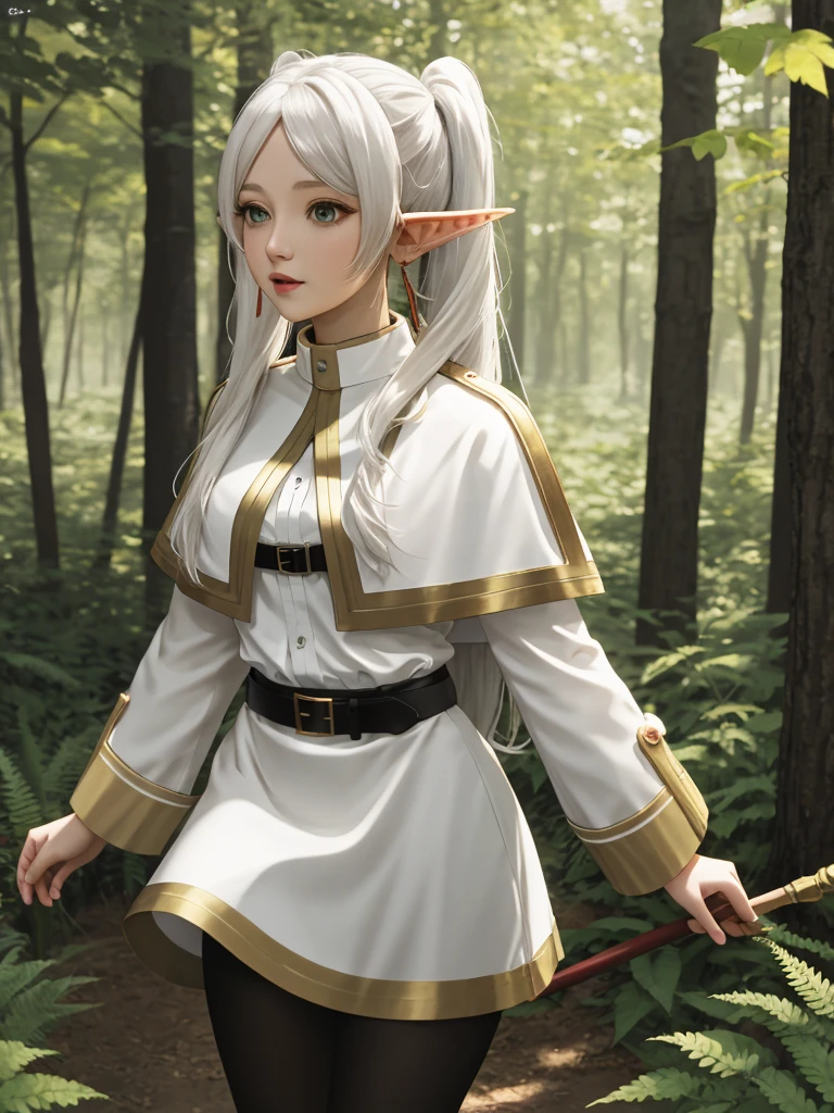 Freeren, Fern - seeing off Freeren on her last journey, masterpiece, best quality, absurdres, 1girl, solo, FrierenBase, long hair, twintails, earrings, white capelet, striped shirt, white hair, elven ears, 2 ponytails, horizontal stripes, long sleeves, belt, white skirt, gold-trim, black pantyhose, arms behind back, outdoors, forest,