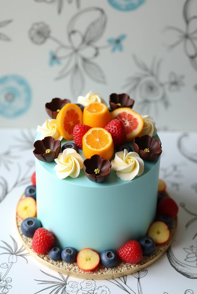 Drawing of a light blue sesame cake with more white with fruits on top spread cesar with chocolate decorations in the shape of flowers on top with sesame but around it will be the drawing for a brand 
