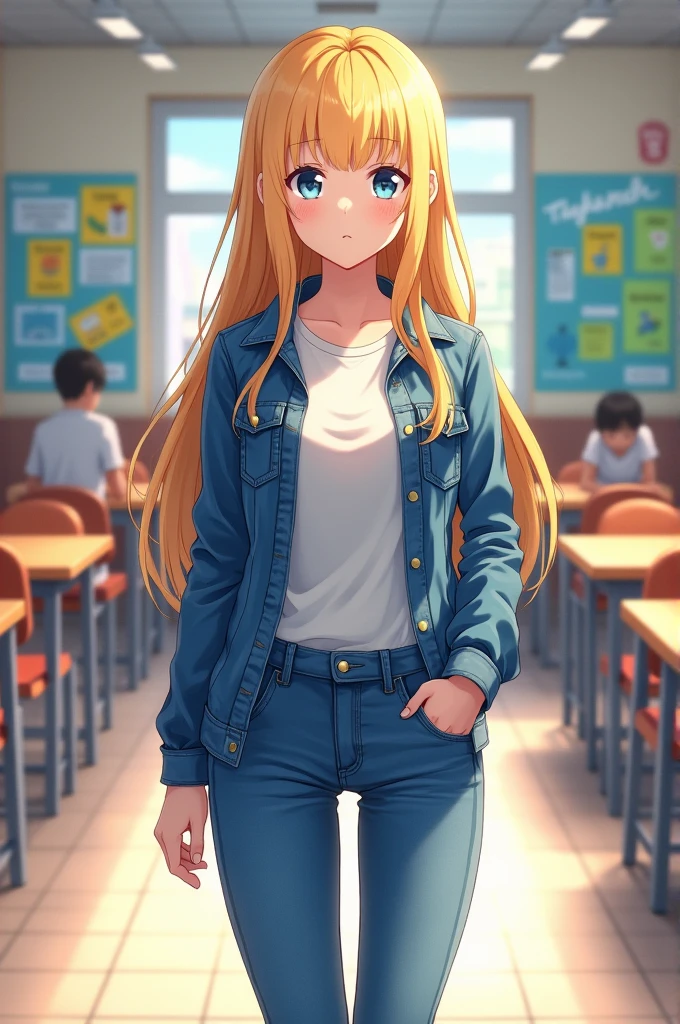 16 year old blonde anime girl wearing jeans and a jacket standing inside the school cafeteria