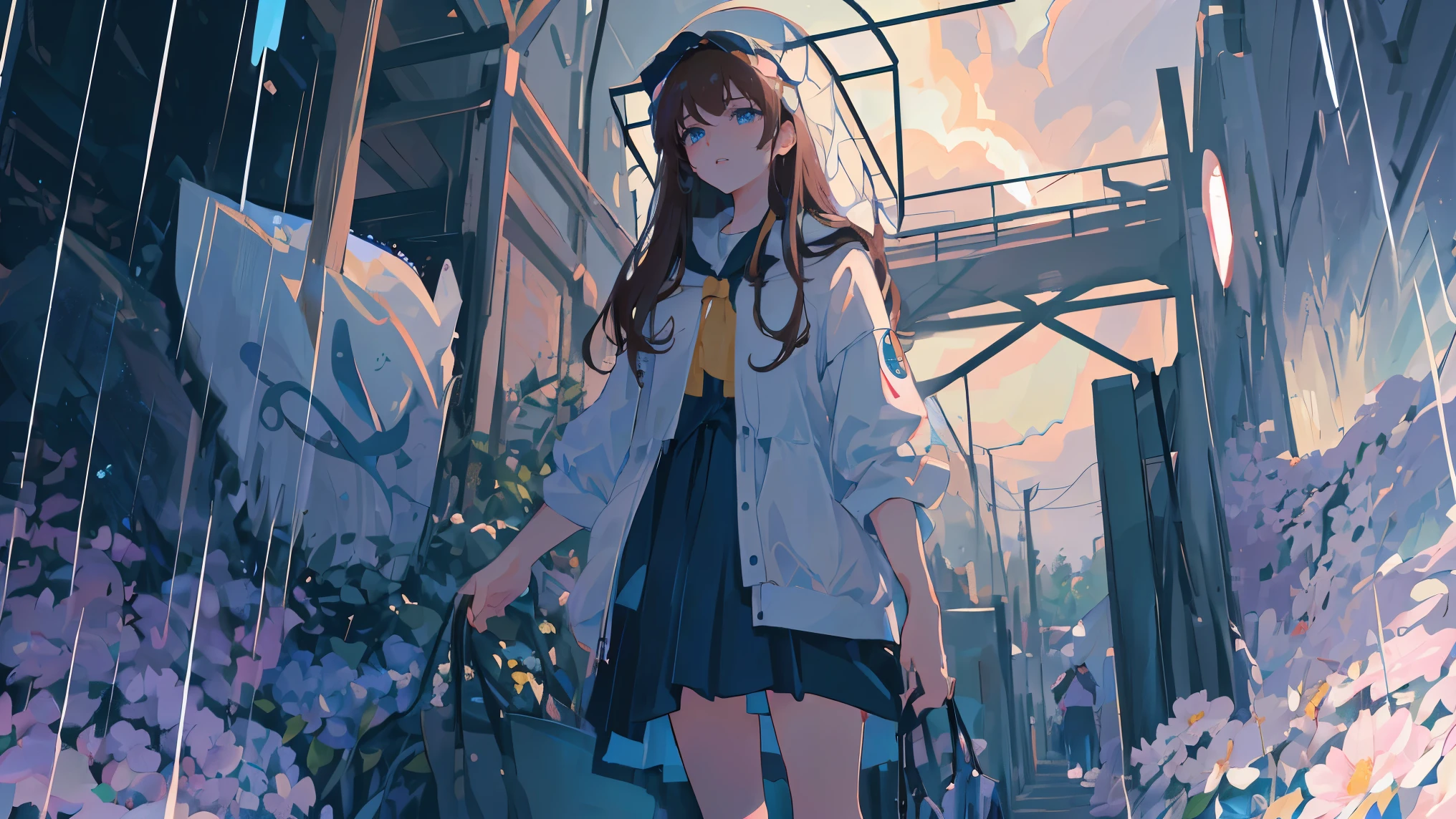 (Best quality, 4K, 8 K, a high resolution, masterpiece: 1.2), ultra detailed, beautiful detailed eyes, beautiful detailed lips, Anime chan, full length, long hair, Brown hair, Blue eyes, overcast, Storm clouds, rain, Rain puddles, Flower Garden
