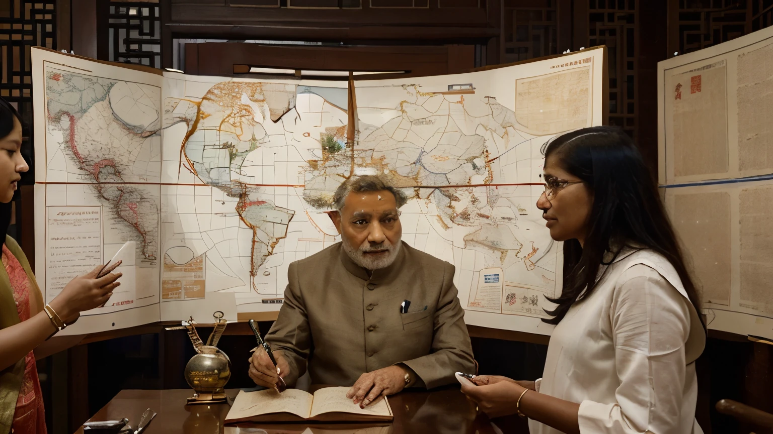 A representation [symbolic of the exchange of technology between China and other civilizations], showcasing (((Chinese sages interacting with Indian scholars))), Persians and Europeans. The scene must include old maps, (((manuscripts and scientific instruments))) shared, with a sense of cooperation and exchange of ideas.