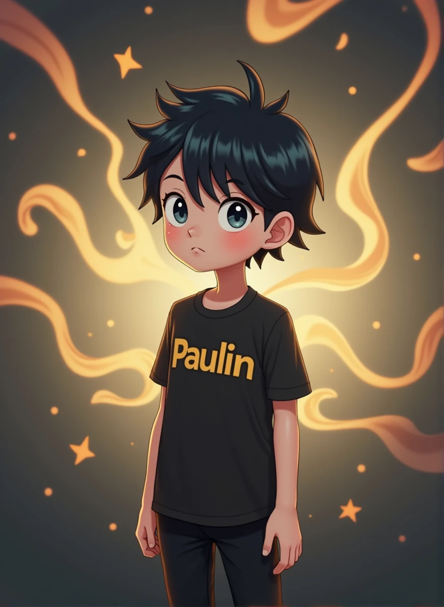 work of art, best qualityer,8k, A black background, a boy with short hair(really short), Bblack hair, low fade style hair, wearing a shirt with the colors black and yellow and on the shirt it says:"Paulin", cinematic lighting, swirly vibrant colors