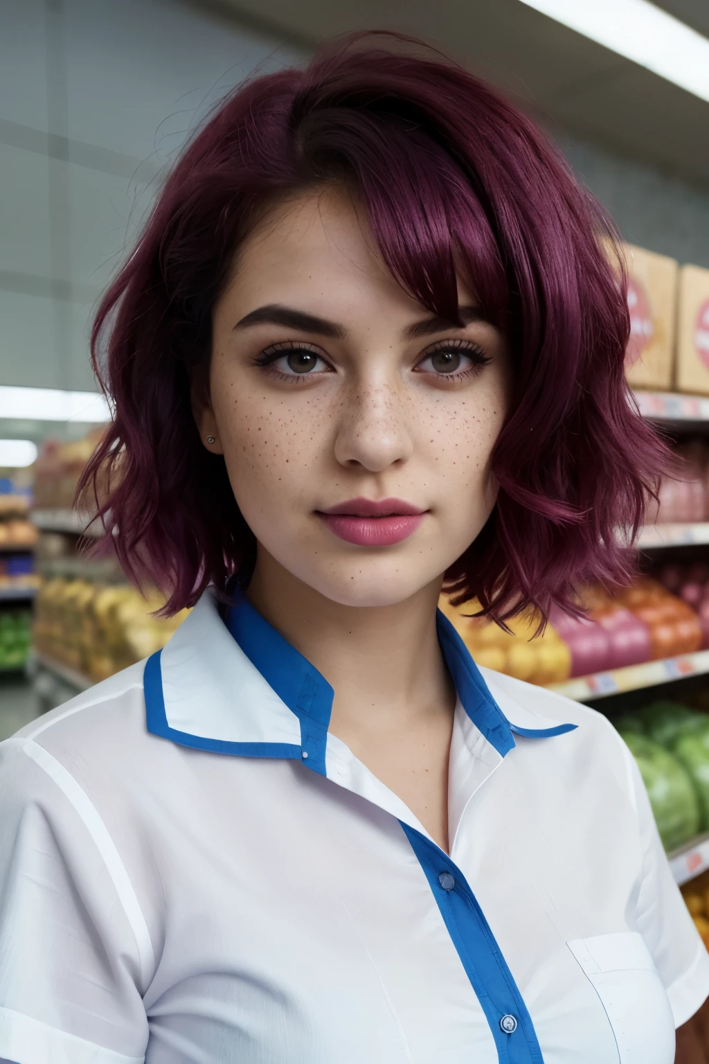 Short plump Uzbek girl in supermarket, ((27 years old)), (average body type), ((short wet magenta hair)), (big black eyes), ((very white skin)), ((little bit freckles on face)), (big red full lips), ((wearing half-placket oversized blue collar shirt)), (half body portrait), (particles in the air), (backlighting)), Cinematic Lighting, Bloom, Depth Of Field, Wide-Angle, High Resolution, Masterpiece, Anatomically Correct, Accurate, Award Winning, Best Quality, High Details, Super Detailed, Textured Skin, 35mm,