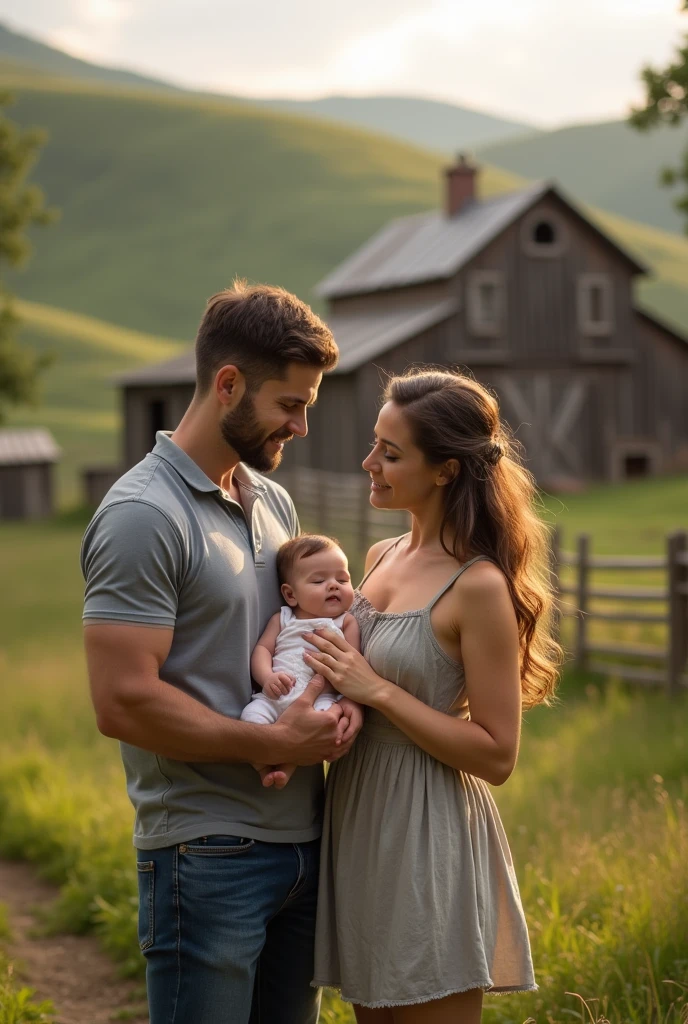 6-month-old baby in his father's arms with his mother at his side on a farm