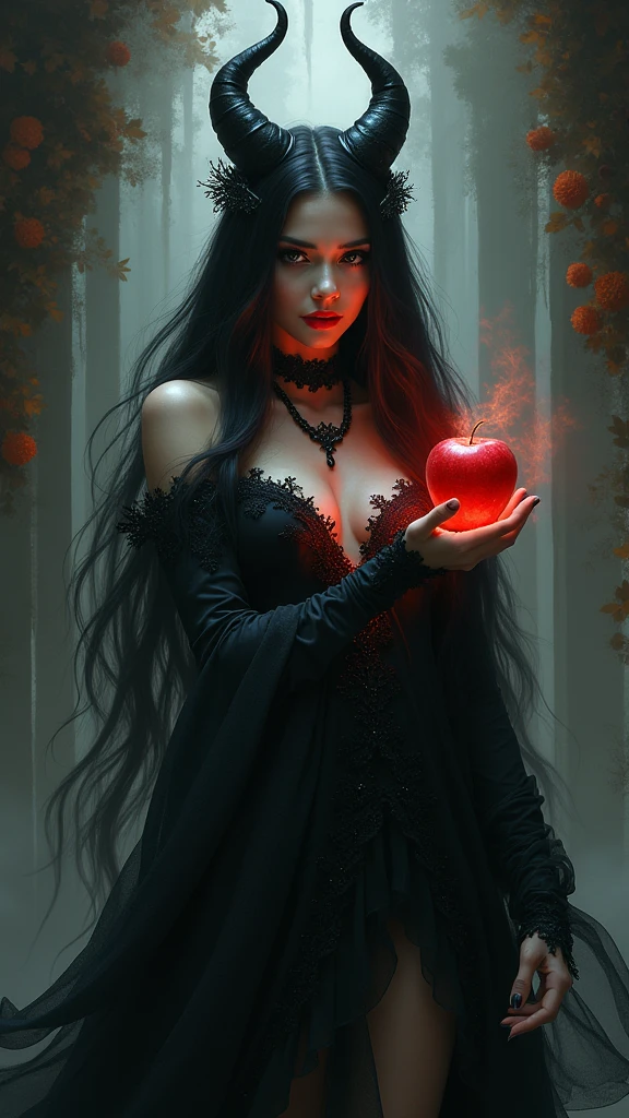 girl .Queen Witch.smiling.of extraordinary beauty,Mesmerizing.black beautiful flowing long hair,Black queen,black luxury gothic dress.Gothic Accessories,holds out an apple in his hand,poisonous apple,Queen Witch,Red lipstick