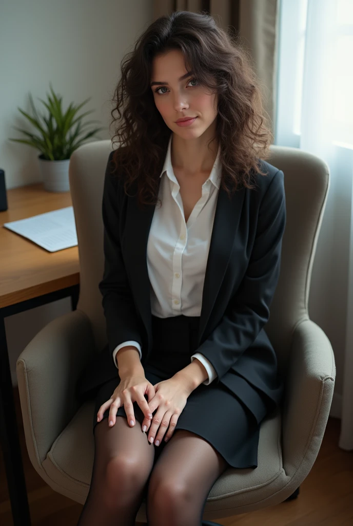 Ulzzang-6500-v1.1, (RAW photos:1.2), (realistic), (really:1.4), 1girl、very pretty girl、21 years old、game_nffsw, eye for detail, shy smile、business fashion、business suit、thighs and skirt、sit on a chair、Working、(very realistic pantyhose:1.2), Curly hair、realistic skin texture、glowing skin、exposed thighs!!! , assembly、eye shadow、