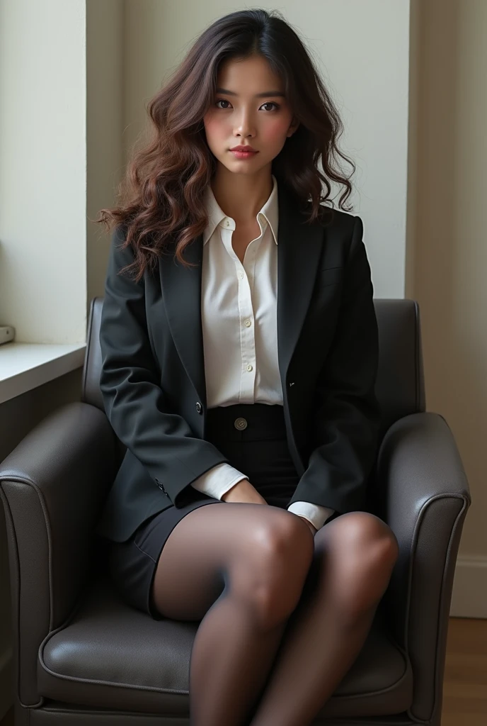 Ulzzang-6500-v1.1, (RAW photos:1.2), (realistic), (really:1.4), 1girl、very pretty girl、21 years old、game_nffsw, eye for detail, shy smile、business fashion、business suit、thighs and skirt、sit on a chair、Working、(very realistic pantyhose:1.2), Curly hair、realistic skin texture、glowing skin、exposed thighs!!! , assembly、eye shadow、