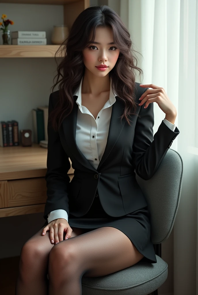 Ulzzang-6500-v1.1, (RAW photos:1.2), (realistic), (really:1.4), 1girl、very pretty girl、21 years old、game_nffsw, eye for detail, shy smile、business fashion、business suit、thighs and skirt、sit on a chair、Working、(very realistic pantyhose:1.2), Curly hair、realistic skin texture、glowing skin、exposed thighs!!! , assembly、eye shadow、