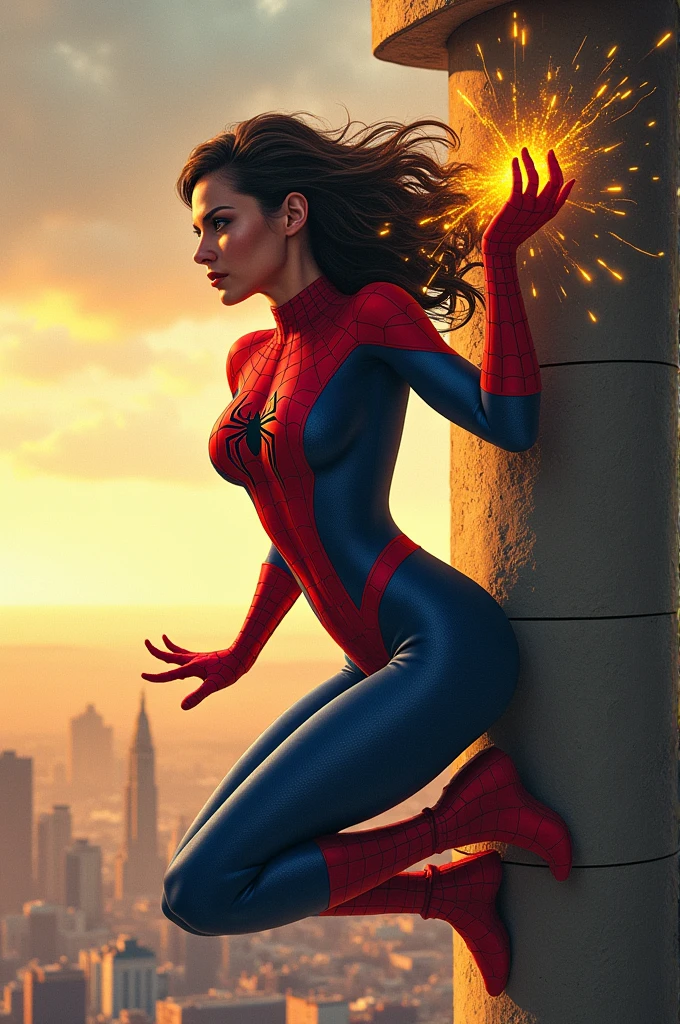 Jessica drew (spider woman) Hanging from the wall by one hand while the other releases a burst of yellow energy beams, gazing at the horizon.