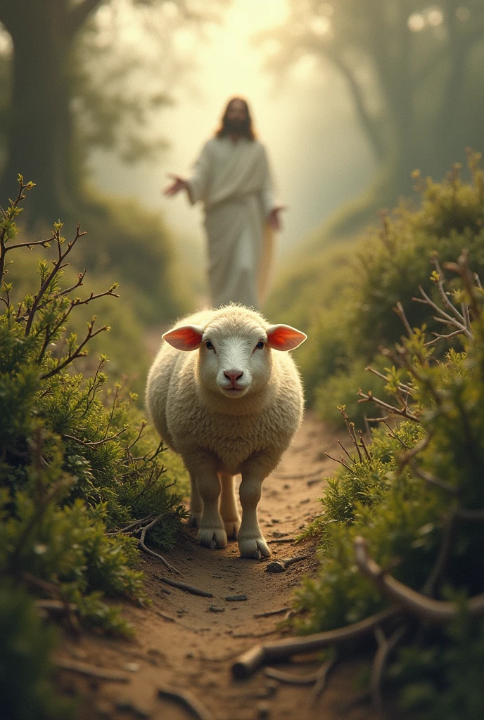 sheep lost in the middle of a path full of thorns and Jesus waiting for her up ahead
