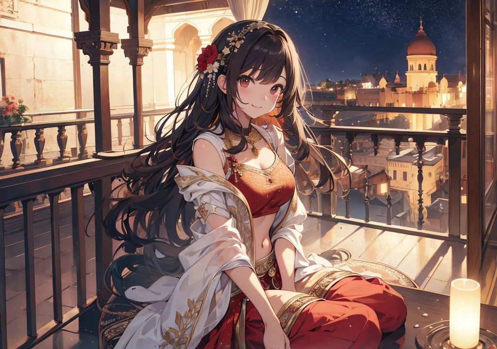 Realistic photos, Focus distance 10mm, Red and white, Beautiful girl, Realistic photos, Shooting at focus distance 10mm, masterpiece, 最high quality, high quality, Very detailed CG 8k wallpaper unit, Award-winning photography, Depth of written boundary, High resolution, bloom, chromatic aberration, Realistic, Very detailed, Art Station Trends, CGsociety Trends, Complex, High detail, dramatic, Art on the go, volumetric lighting, On the balcony of an old palace, a girl in a lehenga smiles dreamily as she looks up at the stars