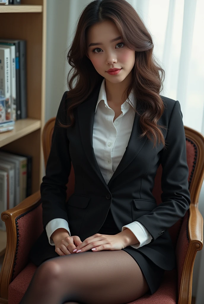 Ulzzang-6500-v1.1, (RAW photos:1.2), (realistic), (really:1.4), １girl、very pretty girl、21 years old、game_nffsw,  eye for detail, shy smile、business fashion、business suit、thighs and skirt、sit on a chair、Working、(very realistic pantyhose:1.2), Curly hair、realistic skin texture、glowing skin、exposed thighs!!! , assembly、eye shadow、