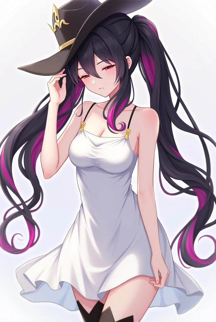 work of art, good quality, very aesthetic, columbina /(:genshin impact:)/ long black hair with pink coming out just from the nape of the neck to the ends, braided pigtails, white dress with spaghetti straps above the knees, cowboy boots, cowboy hat, pale skin, closed eyes, small breasts