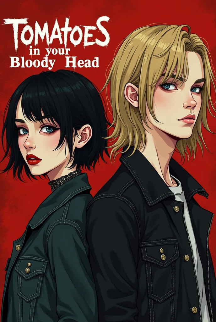 for metal rock band named 'Tomatoes in your Bloody Head', put the nam of the band on the image, with detailed letters. put a brazilian emo girl (with light skin and drak short hair) and a german guy (tall with blonde long hair, blue eyes) on the imagem. 