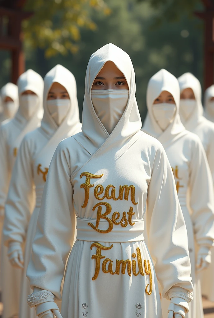 Une équipe de ninjas habillée en blanc avec les écritures dorés suivantes "Team Best Family"
