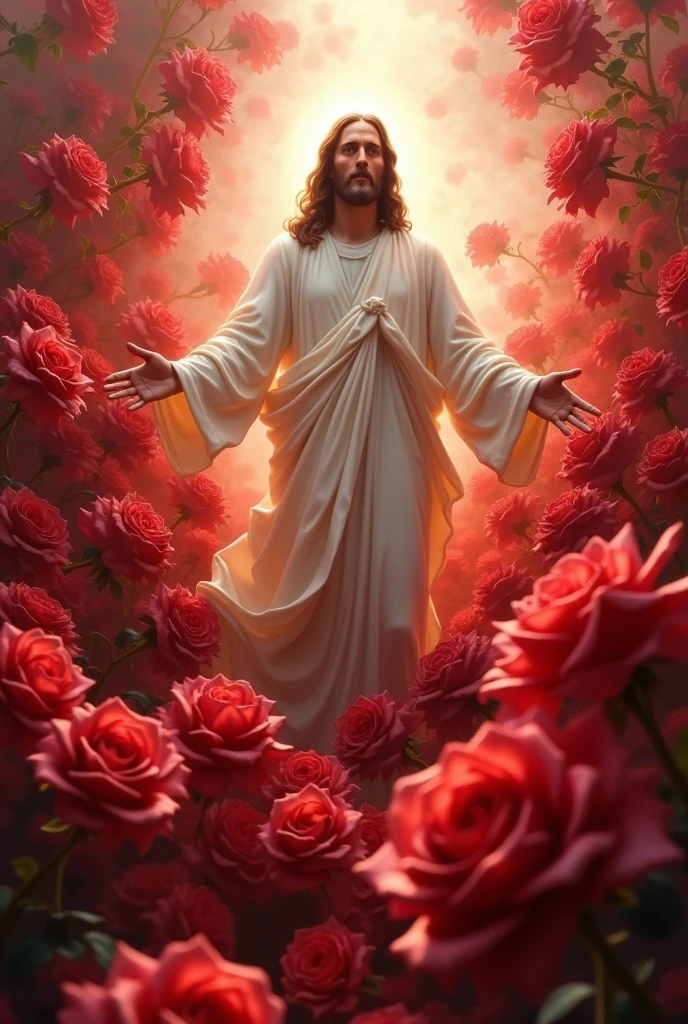 Make an image of Jesus of Mercy being formed by roses