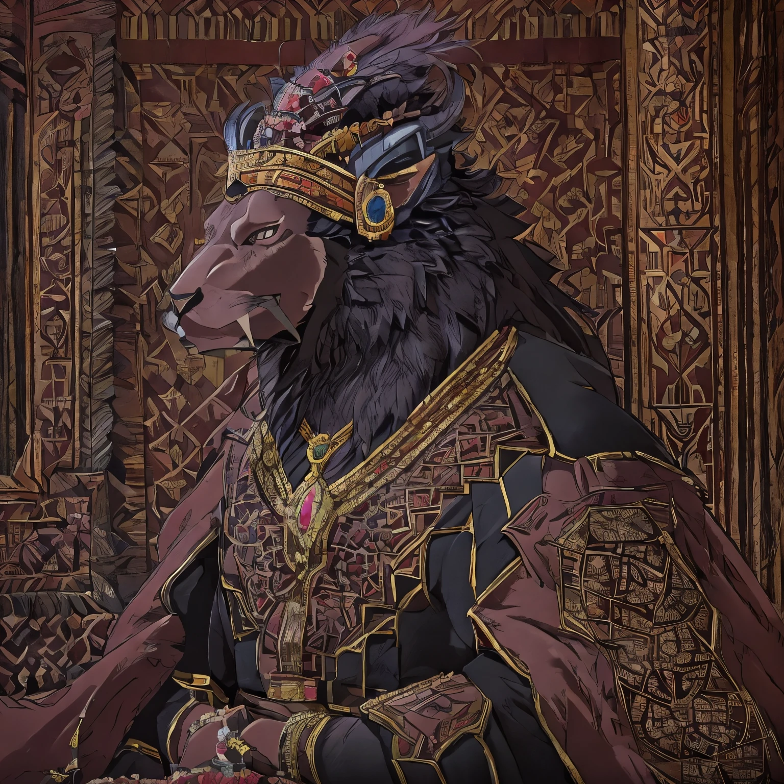 Highest quality, 32K High Resolution:1.2, Very detailed, Realistic, photoRealistic, masterpiece,), Official Art, Full Body View, male, good looking, Majestic Beast, Dark sienna brown fur, Black Mane, Leonhard, Muscular body, Crimson Eyes, Serious look , Small ears, Curved black horns, Long upper jaw crab teeth, A highly detailed, photorealistic portrait of a sultan of the Ottoman Empire, wearing traditional Arabic clothing, ornate headdress, and opulent jewelry, set against a richly detailed background of a palace interior with intricate architectural details, lush fabrics, and opulent furnishings, (best quality,4K,8k,highres,masterpiece:1.2),ultra-detailed,(realistic,photorealistic,photo-realistic:1.37),ornate,large,shelf,opulent,intricate details,intricate patterns,opulent decor,luxurious,dramatic lighting,clair obscur,moody,atmospheric,arabic,ottoman empire,sultan,arabic clothing,traditional arabic clothing,headdress,jewelry,palace interior,architectural details,lush fabrics,opulent furnishings, a loving smile on a beautiful Chimera face,extremely detailed facial features and eyes,delicate facial expression, istanbul on the background, beautiful city, eastern city, stone istanbul, Chimera, muscular body, crimson eyes, small ears, backwards curved black horns, long upper cannie teeth, dark sienna brown fur, black mane, black razor-sharp claws, very large figure, thick crow black mane that extends down to his middle chest, tail that is bushy and soft