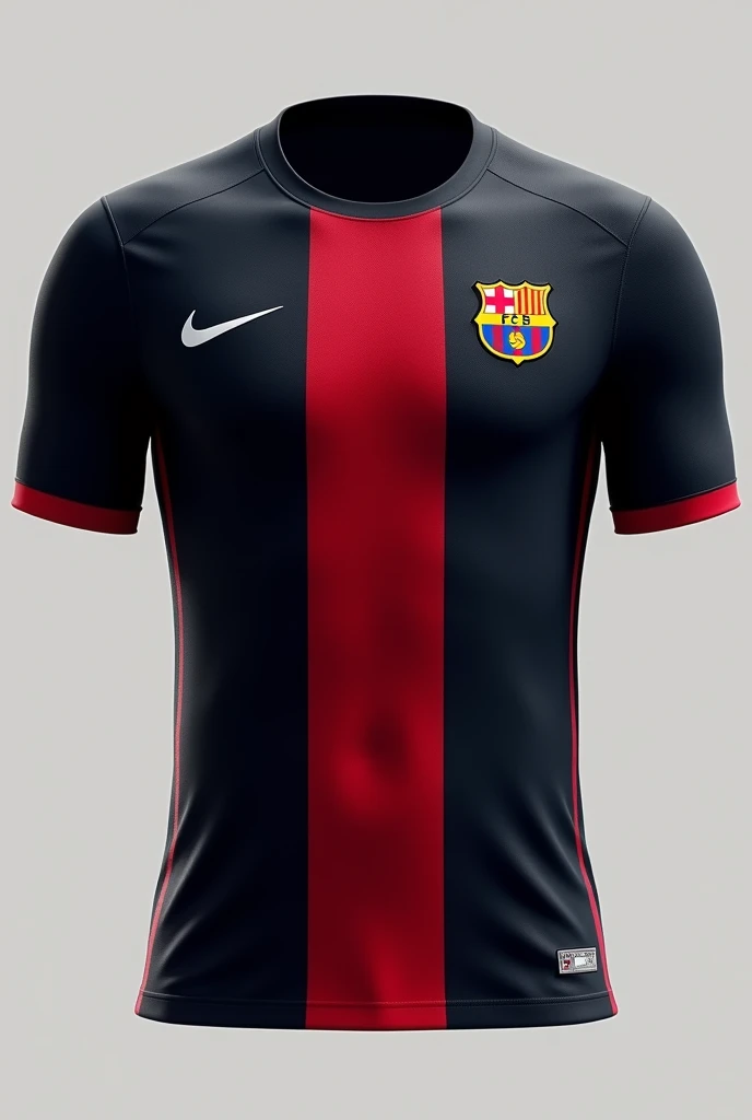 FC Barcelona soccer jersey in black with a red stripe in the middle and blue lines and a light blue sponsor