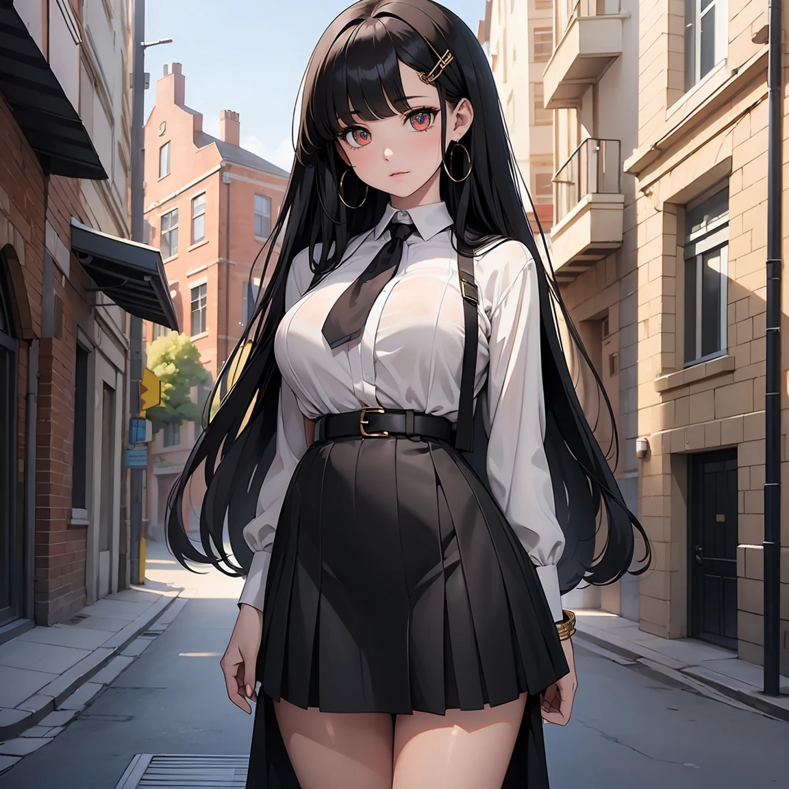 score_9, score_8_up, score_7_up, score_6_up, score_5_up, score_4_up, BREAK 1girl, intricate, school outfit , (eyeliner:1.2), looking at viewer, black hair, hime-cut, long hair, pale skin, jewelry, detailed background, breasts (masterpiece, high quality:1),