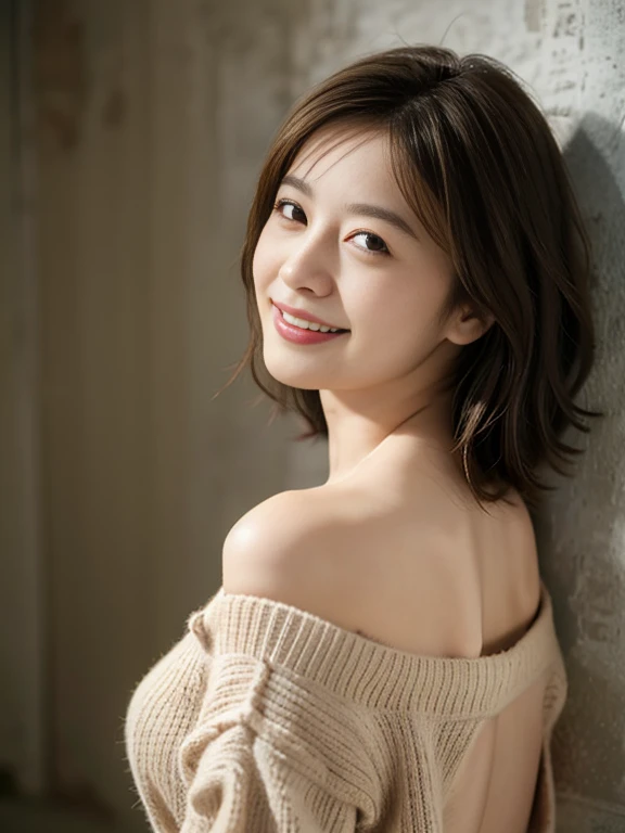 1girl in, Best Quality, Photorealsitic: 1.37, 超A high resolution, masutepiece, plein air, Detailed eyes, nice eyes makeup, Real Skin, Perfect Anatomy, Short hair, (pureerosface_v1:0.8), Detail Face, backwards virgin killer sweater, turn around body, Golden hair, Full body, Big Topless, A smile、large full breasts、photostudio、Gray walls、Looking at the camera、