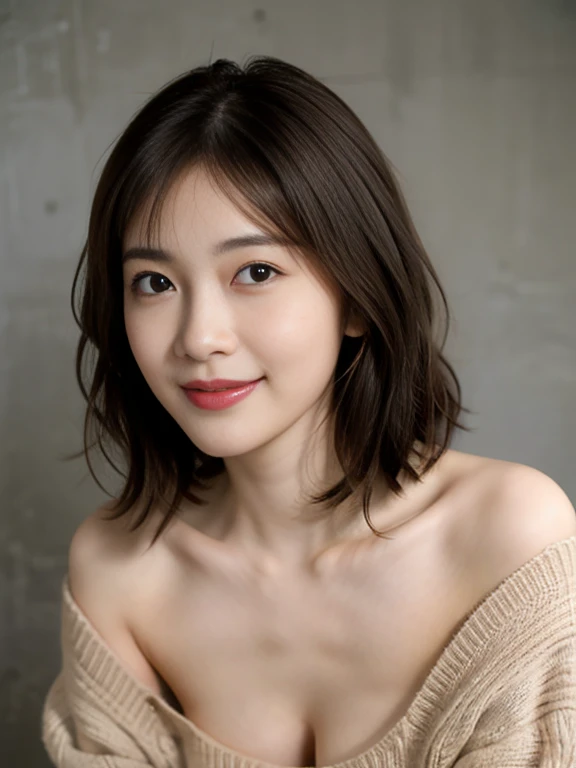1girl in, Best Quality, Photorealsitic: 1.37, 超A high resolution, masutepiece, plein air, Detailed eyes, nice eyes makeup, Real Skin, Perfect Anatomy, Short hair, (pureerosface_v1:0.8), Detail Face, backwards virgin killer sweater, turn around body, Golden hair, Full body, Big Topless, A smile、large full breasts、photostudio、Gray walls、Looking at the camera、