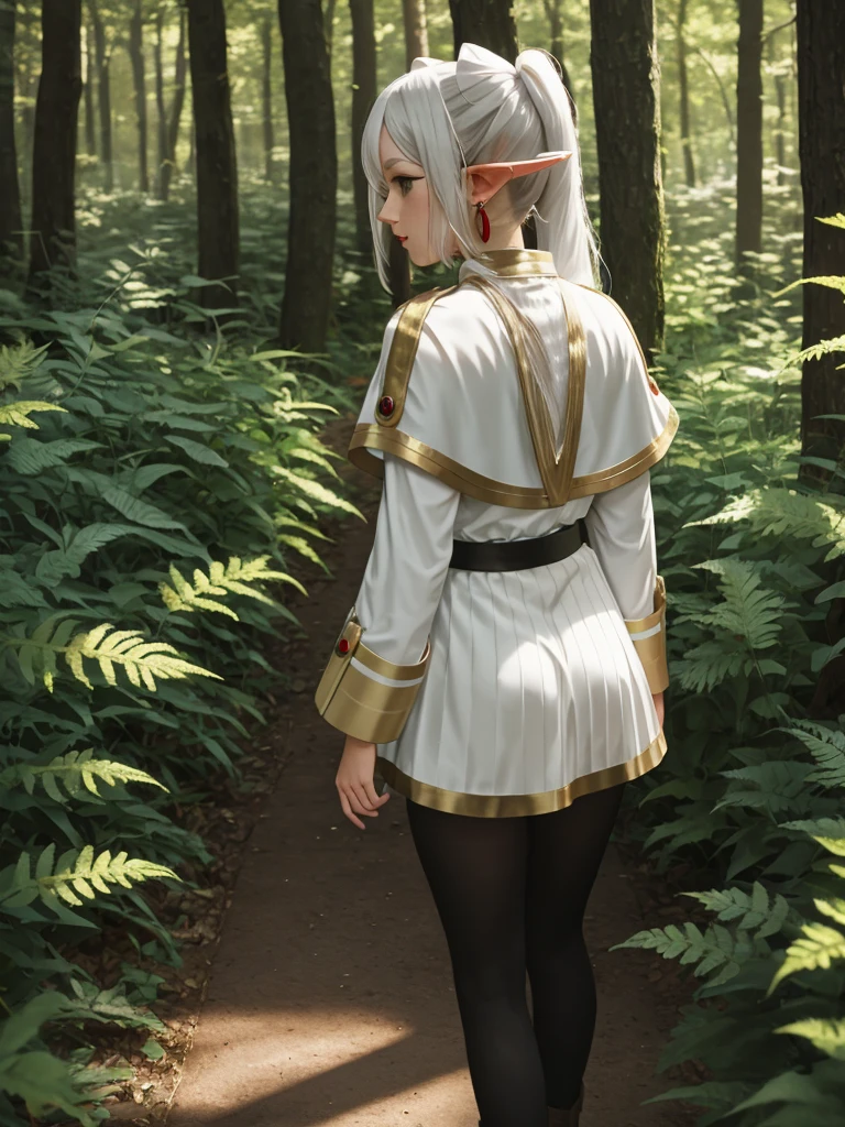Freeren, Fern - seeing off Freeren on her last journey, masterpiece, best quality, absurdres, 1girl, solo, FrierenBase, long hair, twintails, earrings, white capelet, striped shirt, white hair, elven ears, 2 ponytails, horizontal stripes, long sleeves, belt, white skirt, gold-trim, black pantyhose, arms behind back, outdoors, forest,