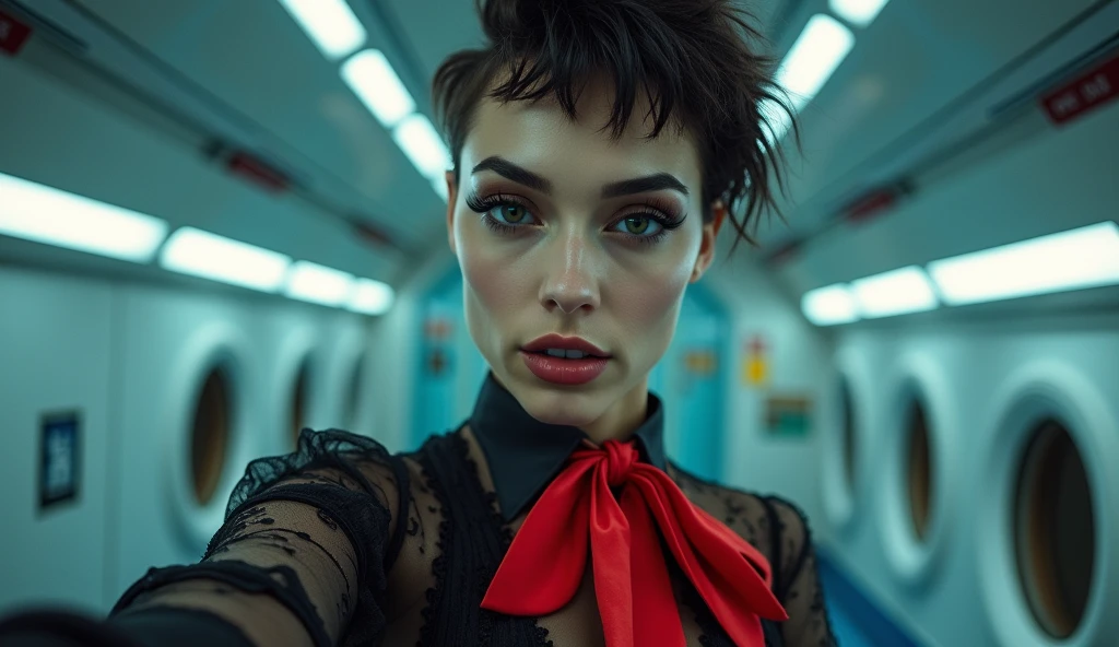 a androgynous feminine man with female makeup and thick wide eyeshadow, smoky eyes, shoots a selfie photo in a submarine, wearing a glamorous satin blouse with red tie, futuristic submarine floor in the background