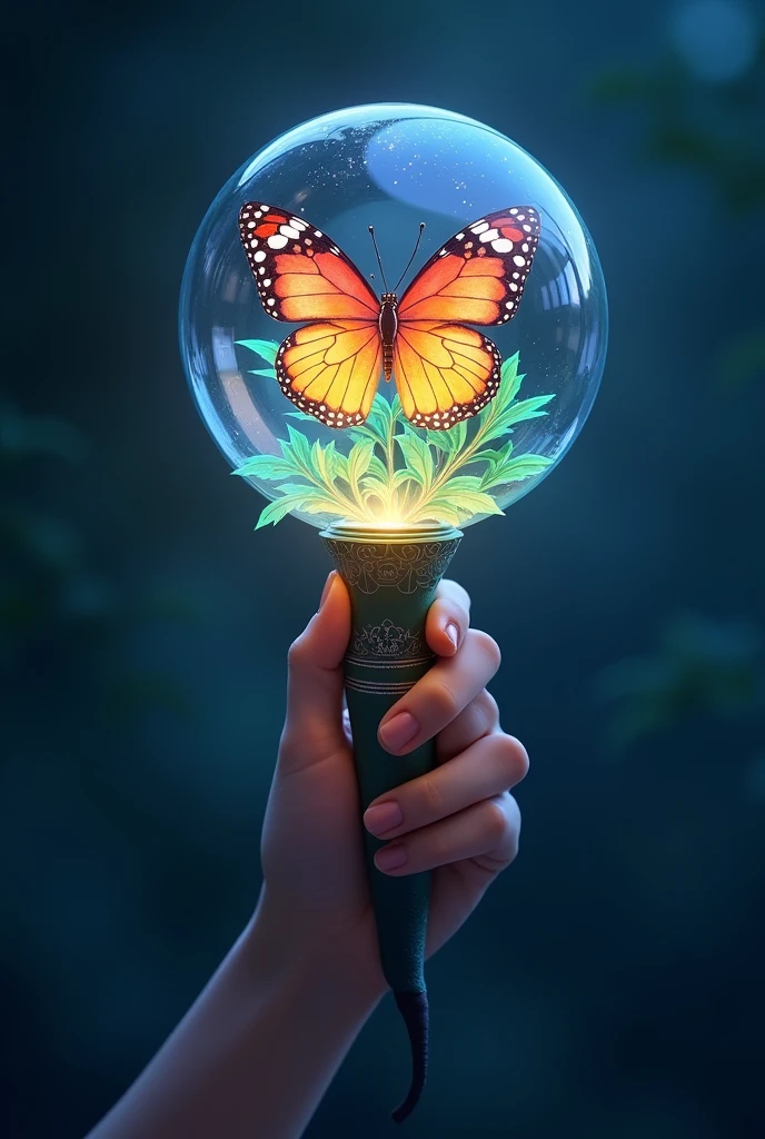 lightstick of a kpop group whose theme is the four elements of nature, the material is plastic and has a transparent glass globe with a colorful butterfly inside