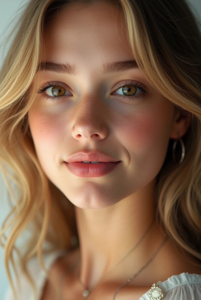 girl with brown eyes and blonde hair, perfect smile, pink lips