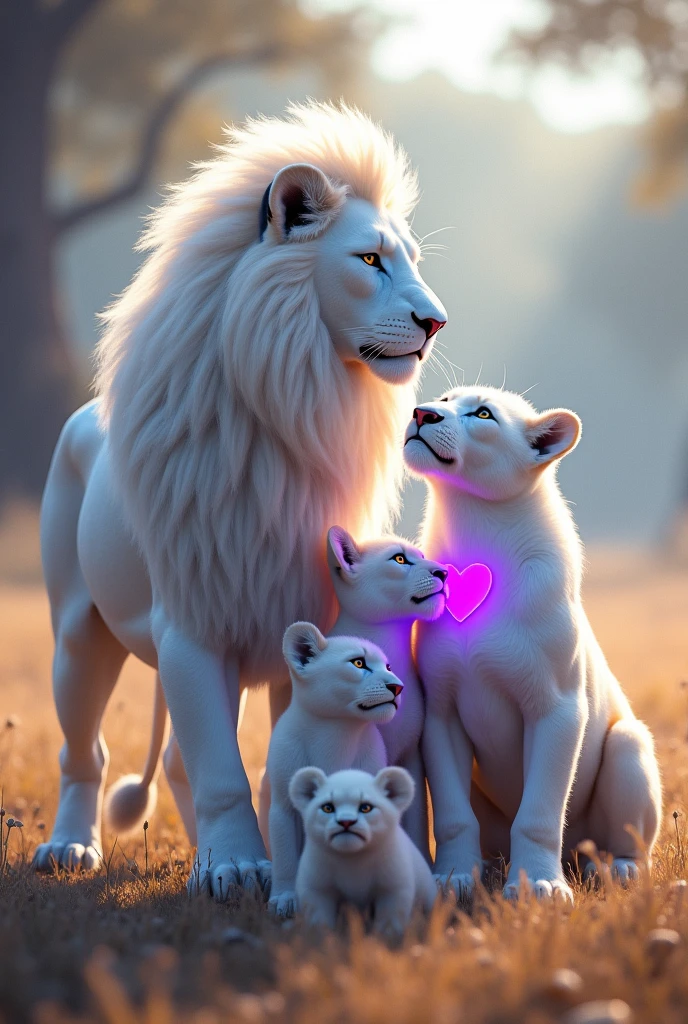 Create a white lion king with 5 children and the white lioness with purple heart next to him. The lion couple and 5 smaller lions