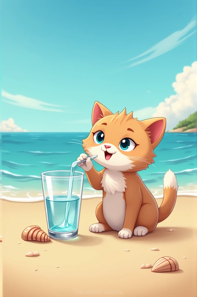 Cat on a beach drinking water from a glass 