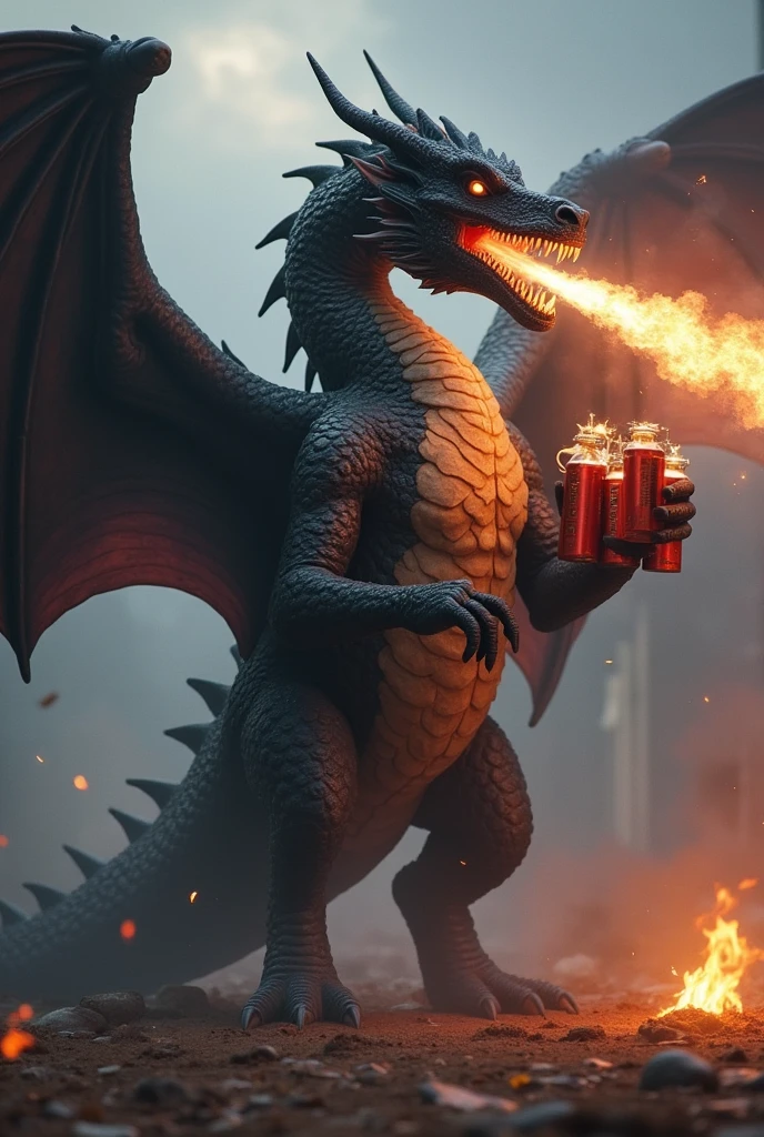 Really big Black dragon holding some TNTs, he is spitting fire and above a building