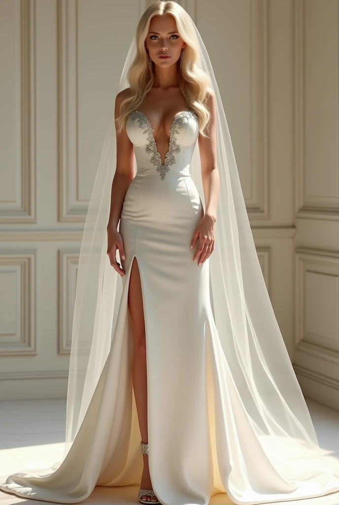 Blonde bride, implants, 34DD, low cut wedding dress, high heels, slit in skirt, flat tummy