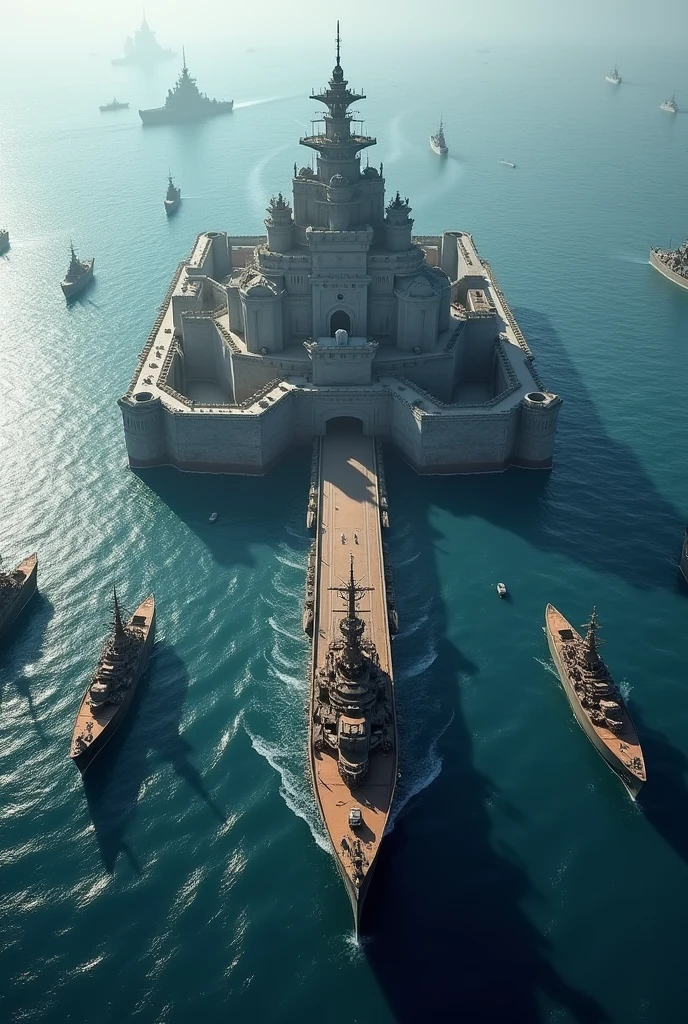 A huge  fortress on water surrounded by huge ships