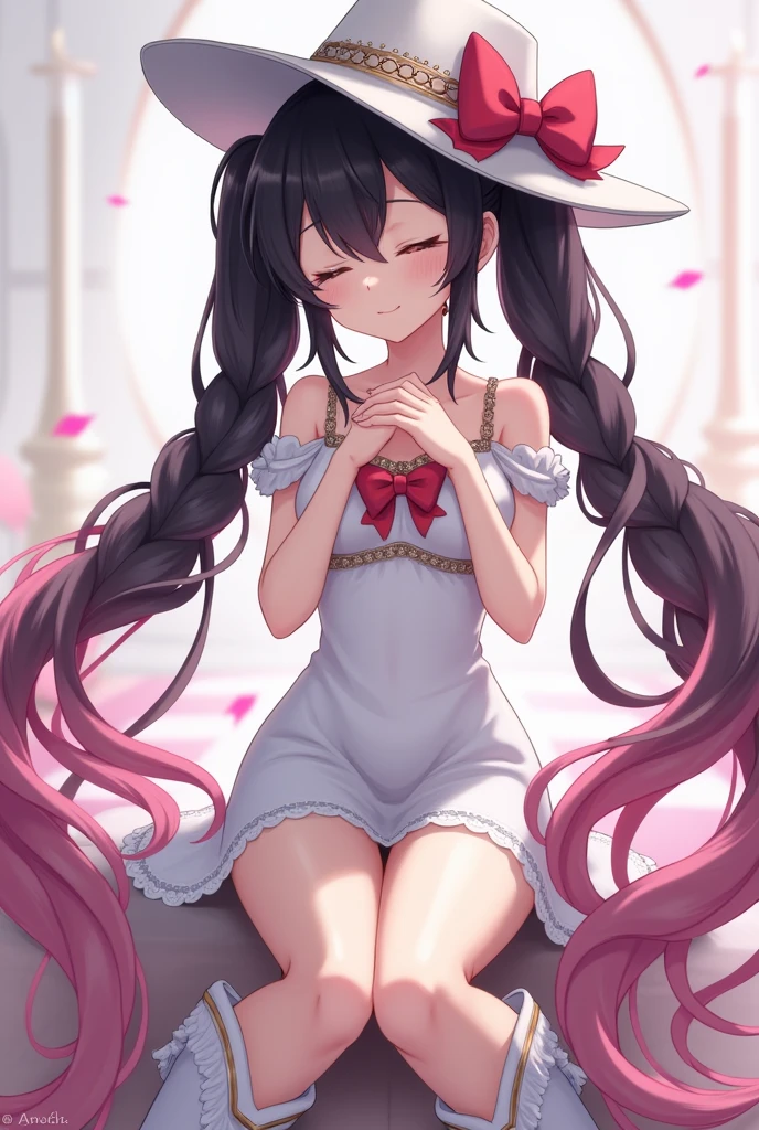 work of art, good quality, very aesthetic, columbina /(:genshin impact:)/ long black hair with pink coming out just from the nape of the neck to the ends, braided pigtails, white dress with spaghetti straps above the knees, cowboy boots, cowboy hat, pale skin, closed eyes, very small breasts, blurred background